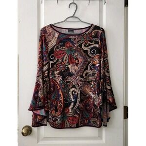 Coco Bianco Vintage Black Floral Paisley Round Neck Bell Long Sleeve Top Size M
